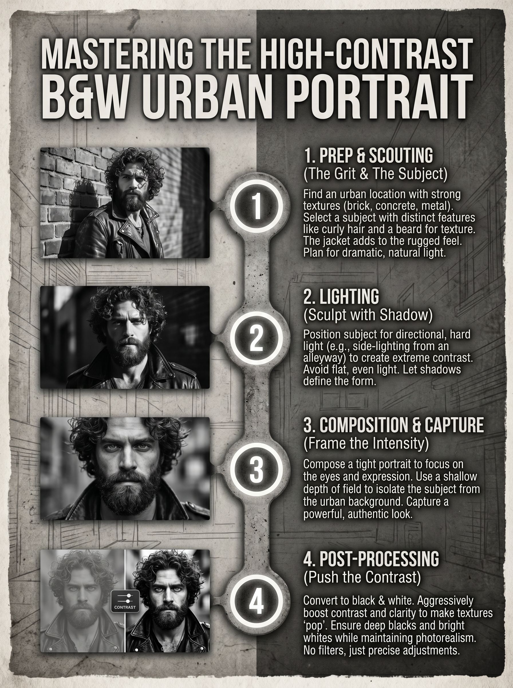 high-contrast black-and-white urban portrait curly-haired bearded AI image prompt example