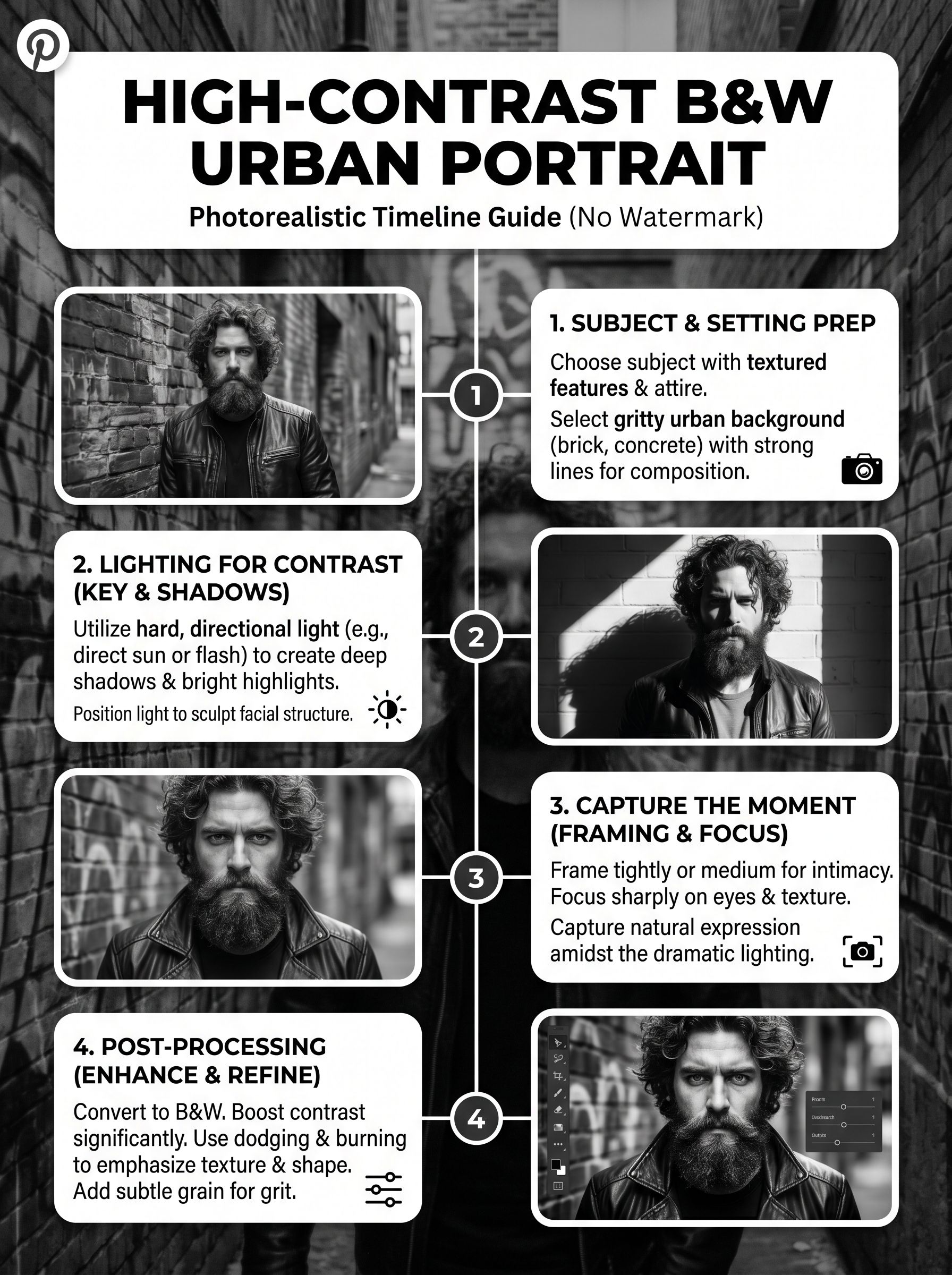 high-contrast black-and-white urban portrait curly-haired bearded AI image prompt example