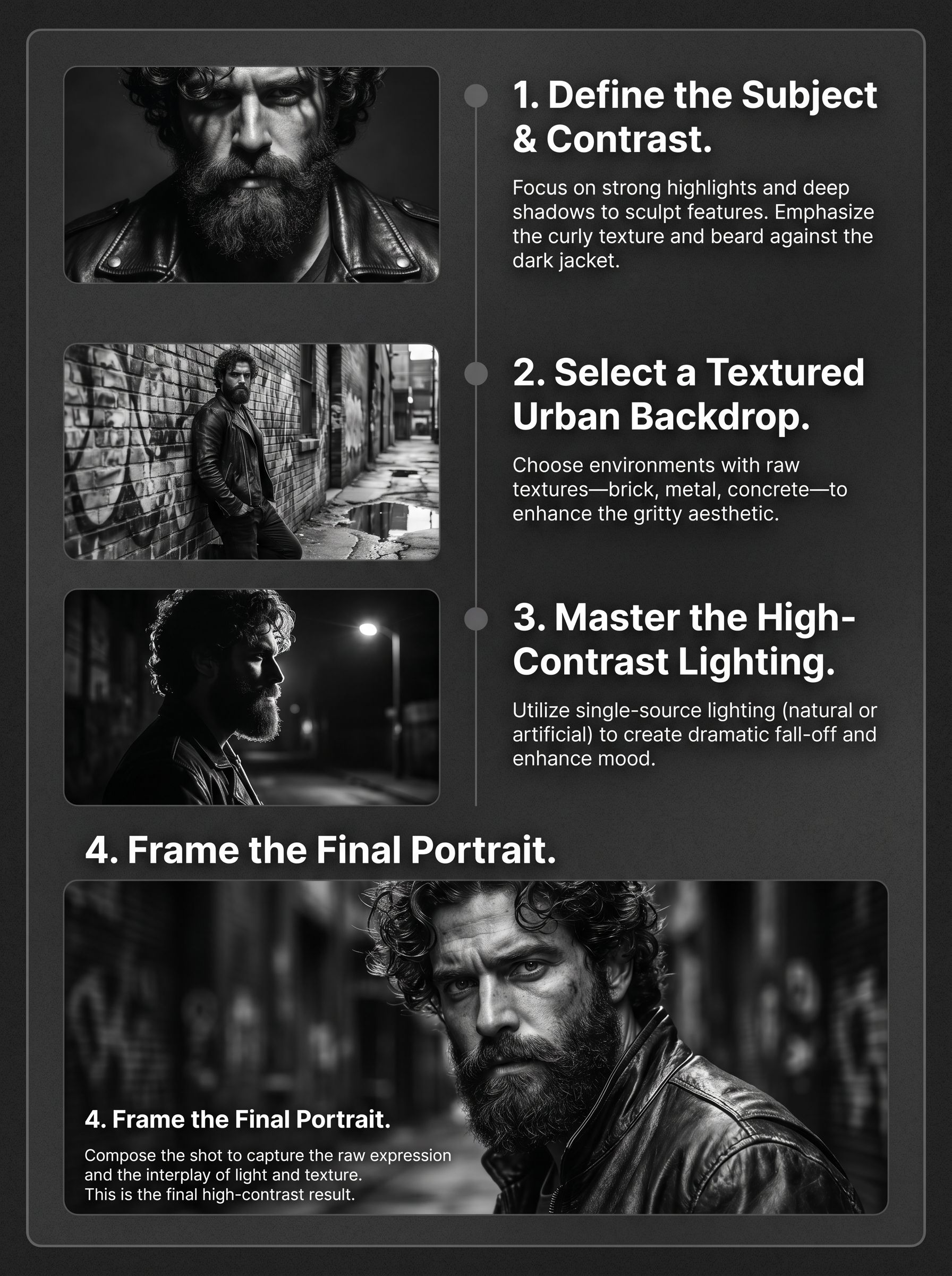 high-contrast black-and-white urban portrait curly-haired bearded AI image prompt example