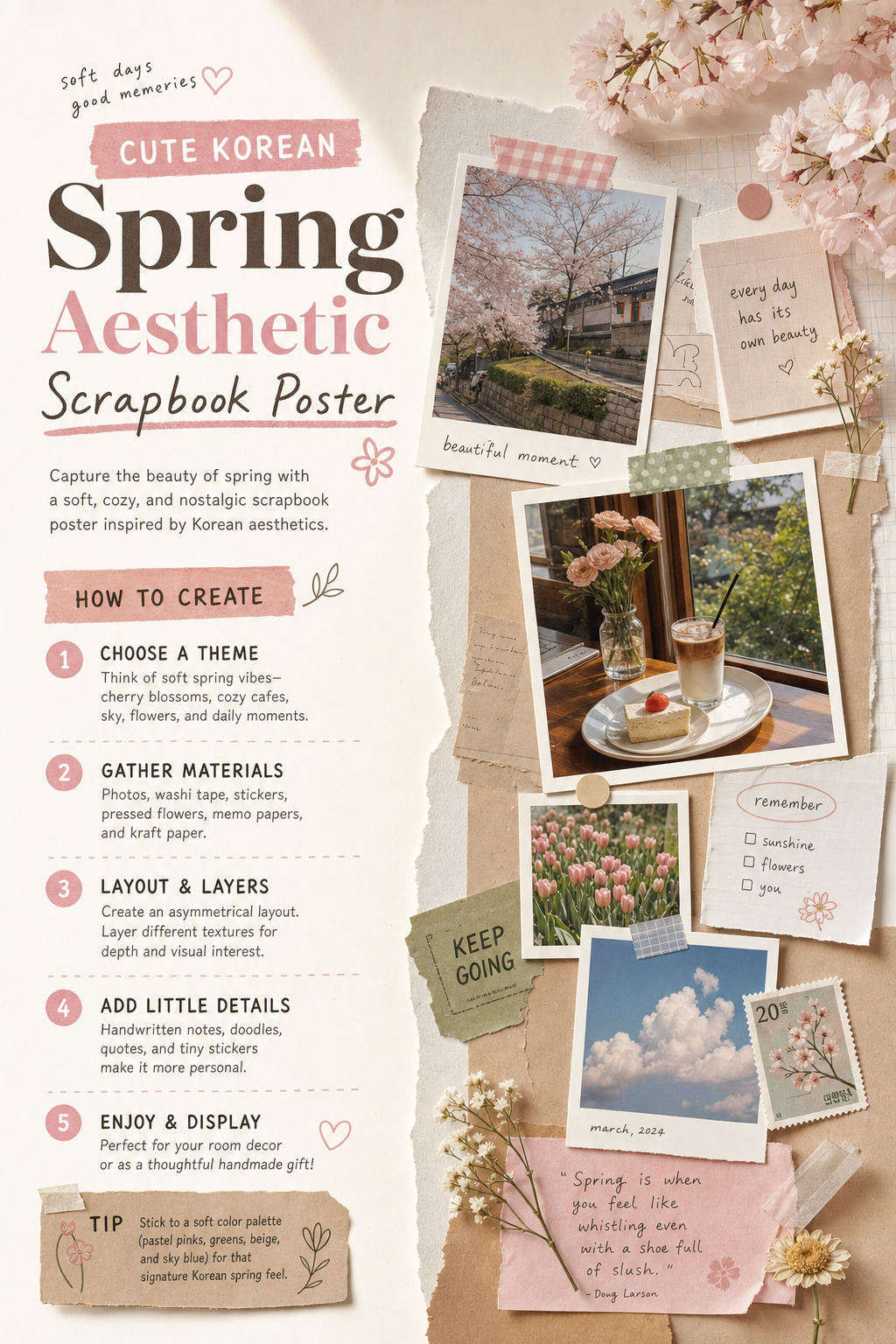 cute korean spring aesthetic scrapbook poster AI image prompt example