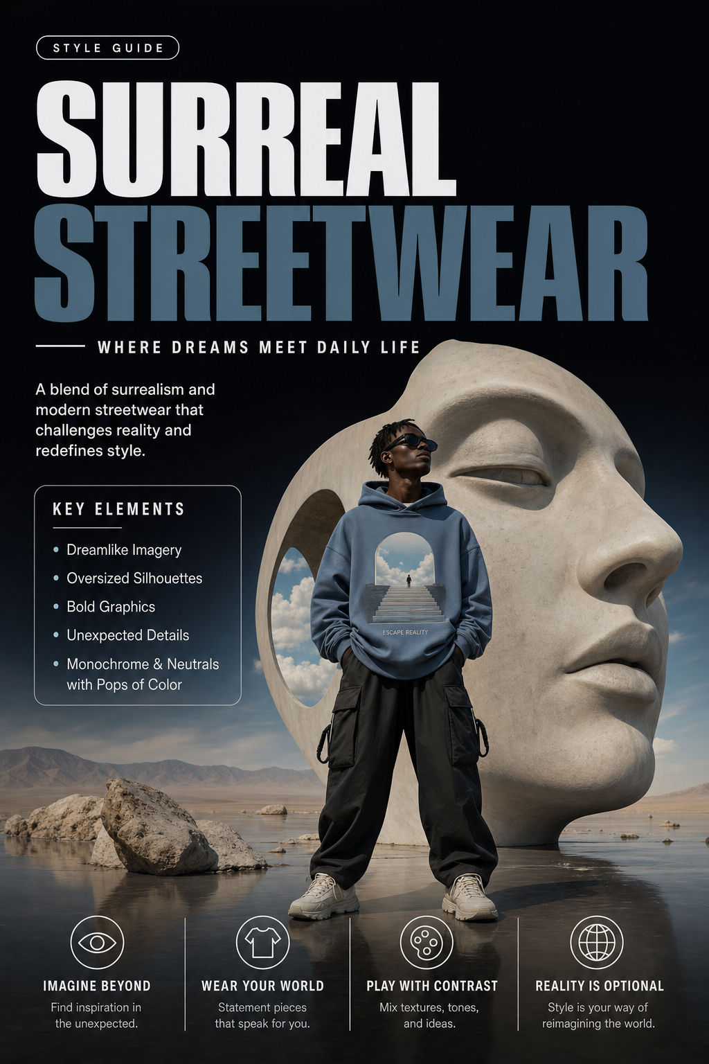 blend surrealism modern streetwear campaign minimal AI image prompt example
