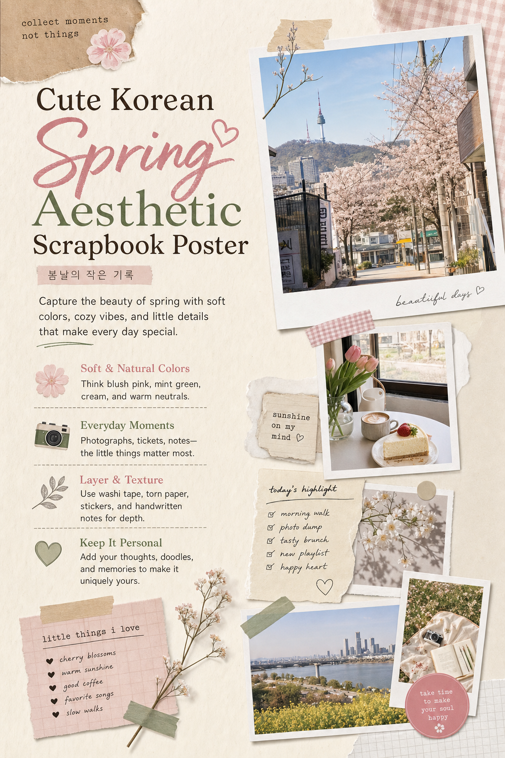 cute korean spring aesthetic scrapbook poster AI image prompt example