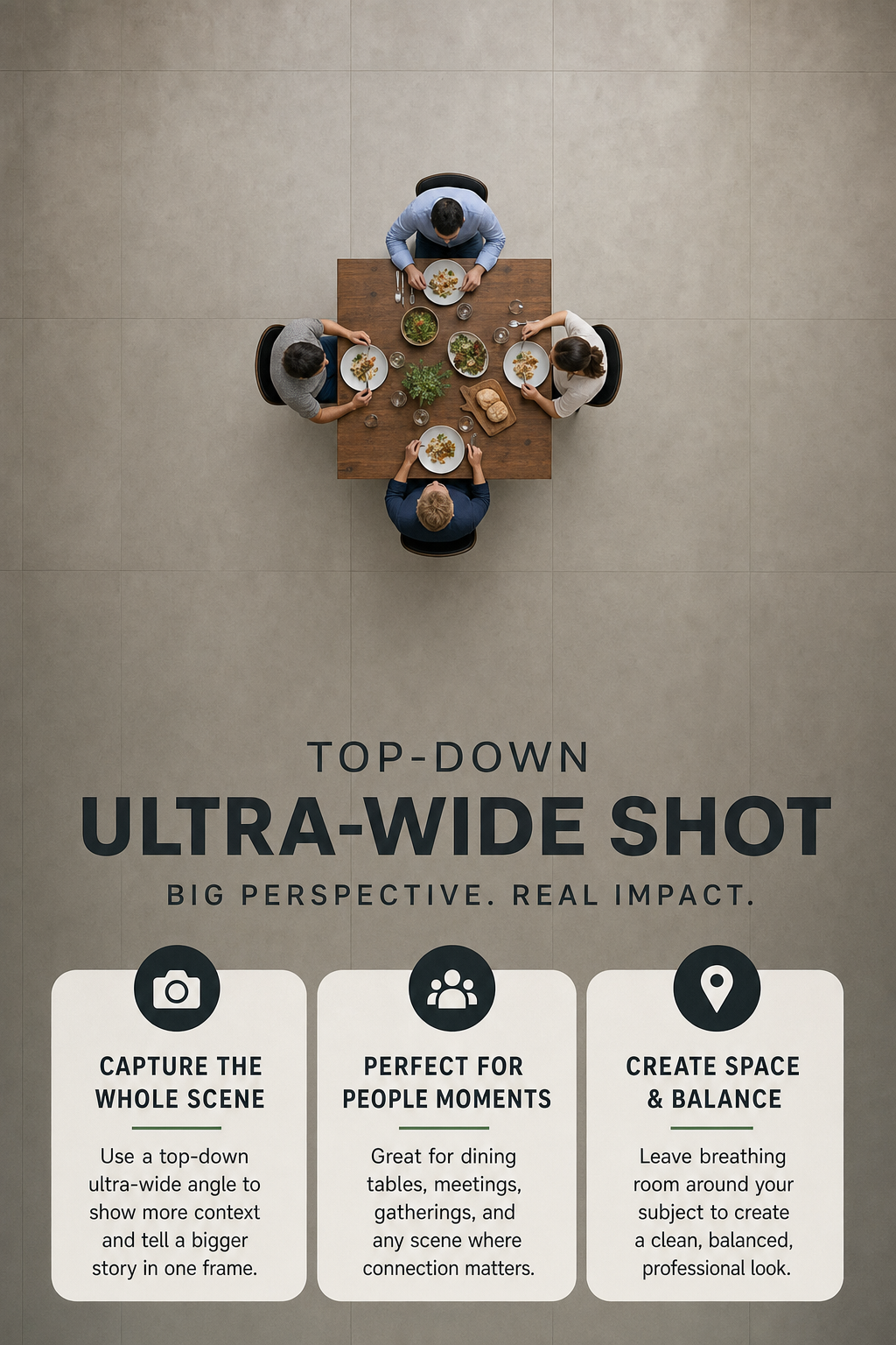 top-down ultra-wide hyper-realistic shot real people AI image prompt example