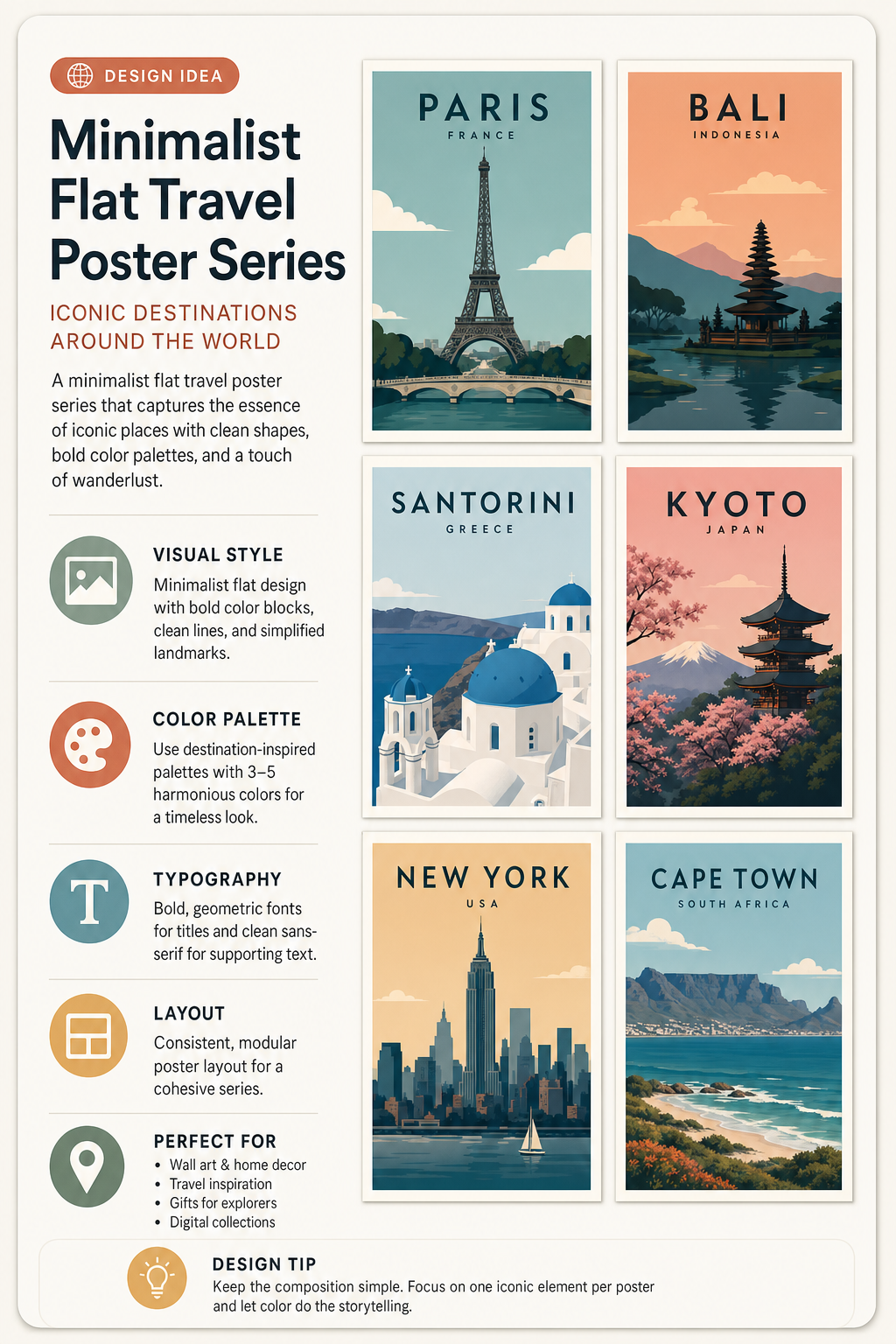 minimalist flat travel poster illustration series AI image prompt example