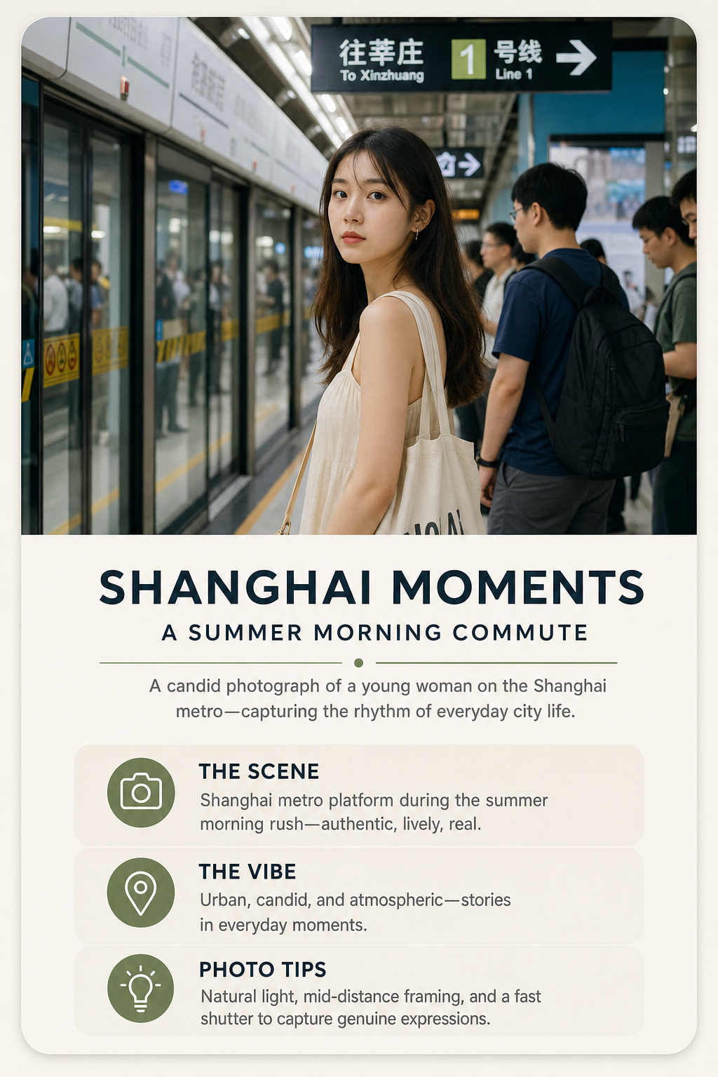 candid photograph young woman standing shanghai AI image prompt example
