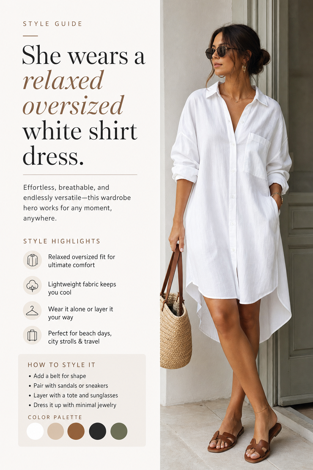 she wears relaxed oversized white shirt AI image prompt example