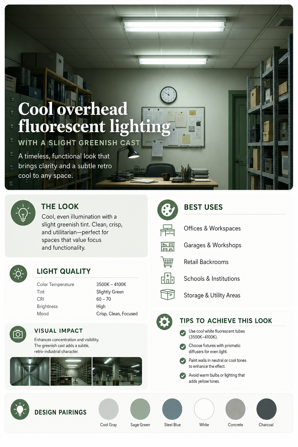 cool overhead fluorescent lighting slight greenish AI image prompt example