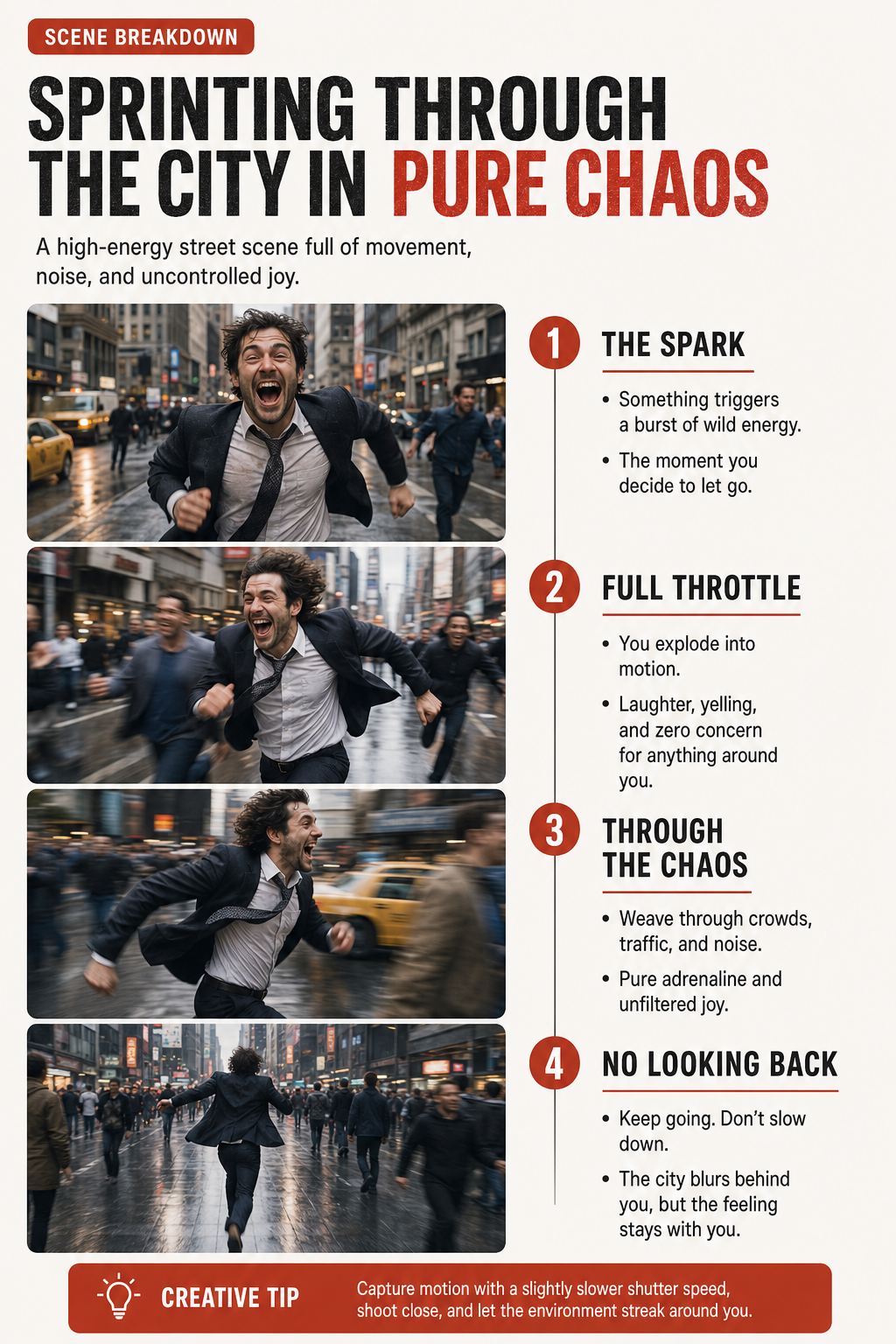 scene subject sprinting wildly through busy AI image prompt example