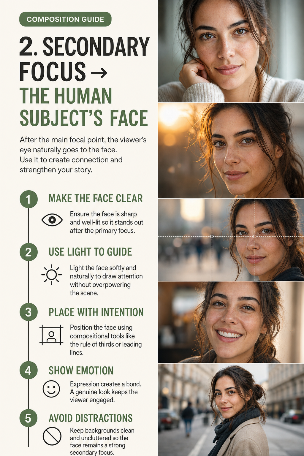 secondary focus human subject face AI image prompt example