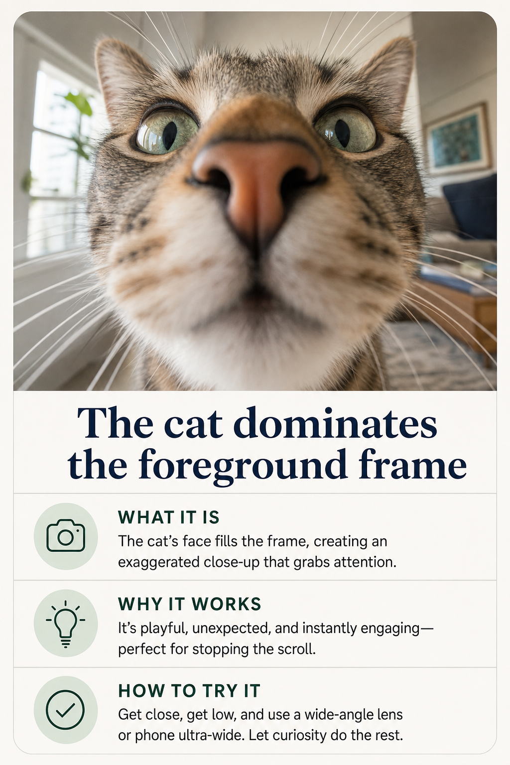 cat dominates foreground frame its face AI image prompt example