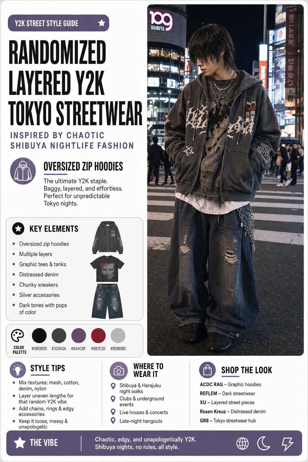 randomized layered y2k tokyo streetwear inspired AI image prompt example