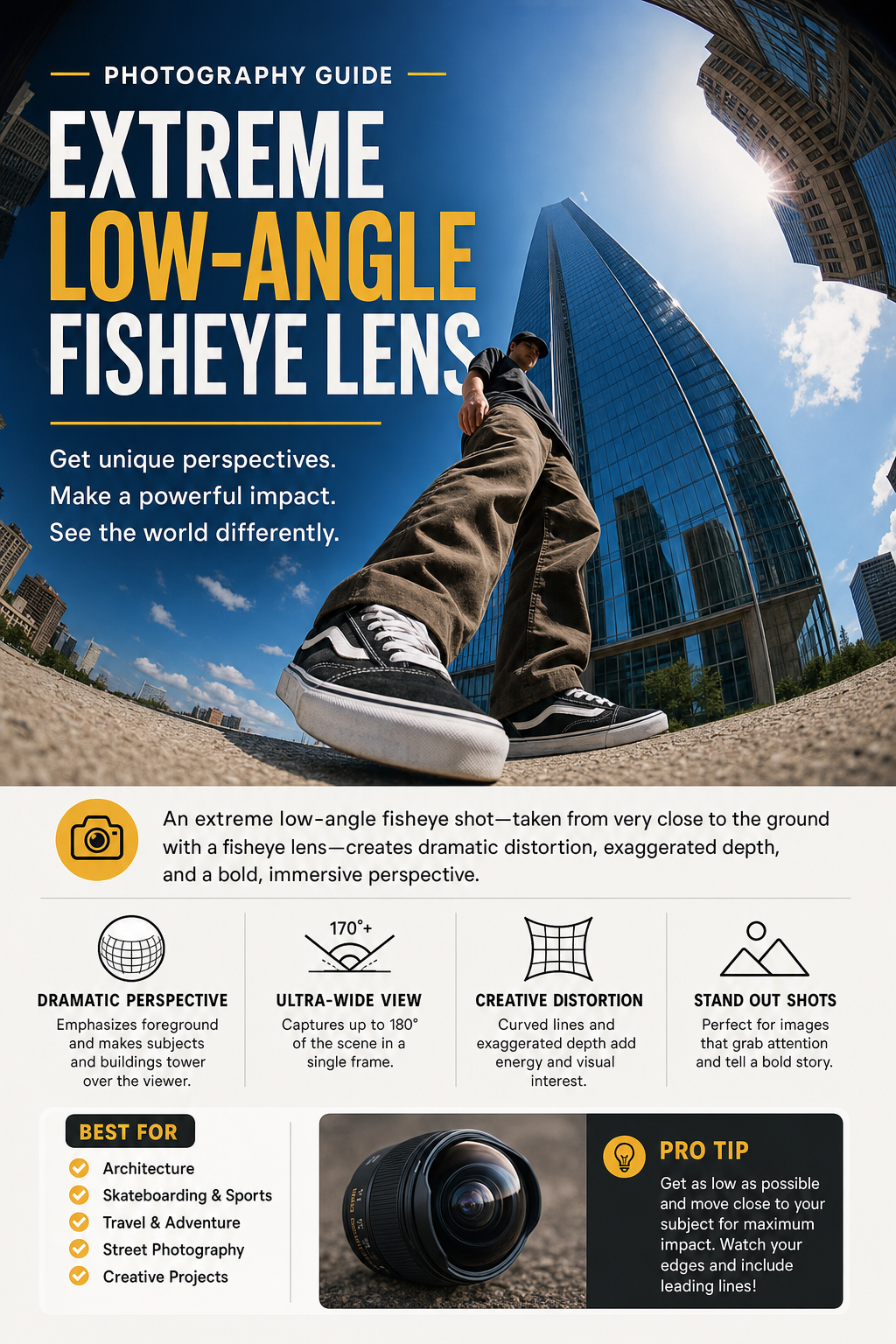 extreme low-angle fisheye lens ultra-wide invasive AI image prompt example