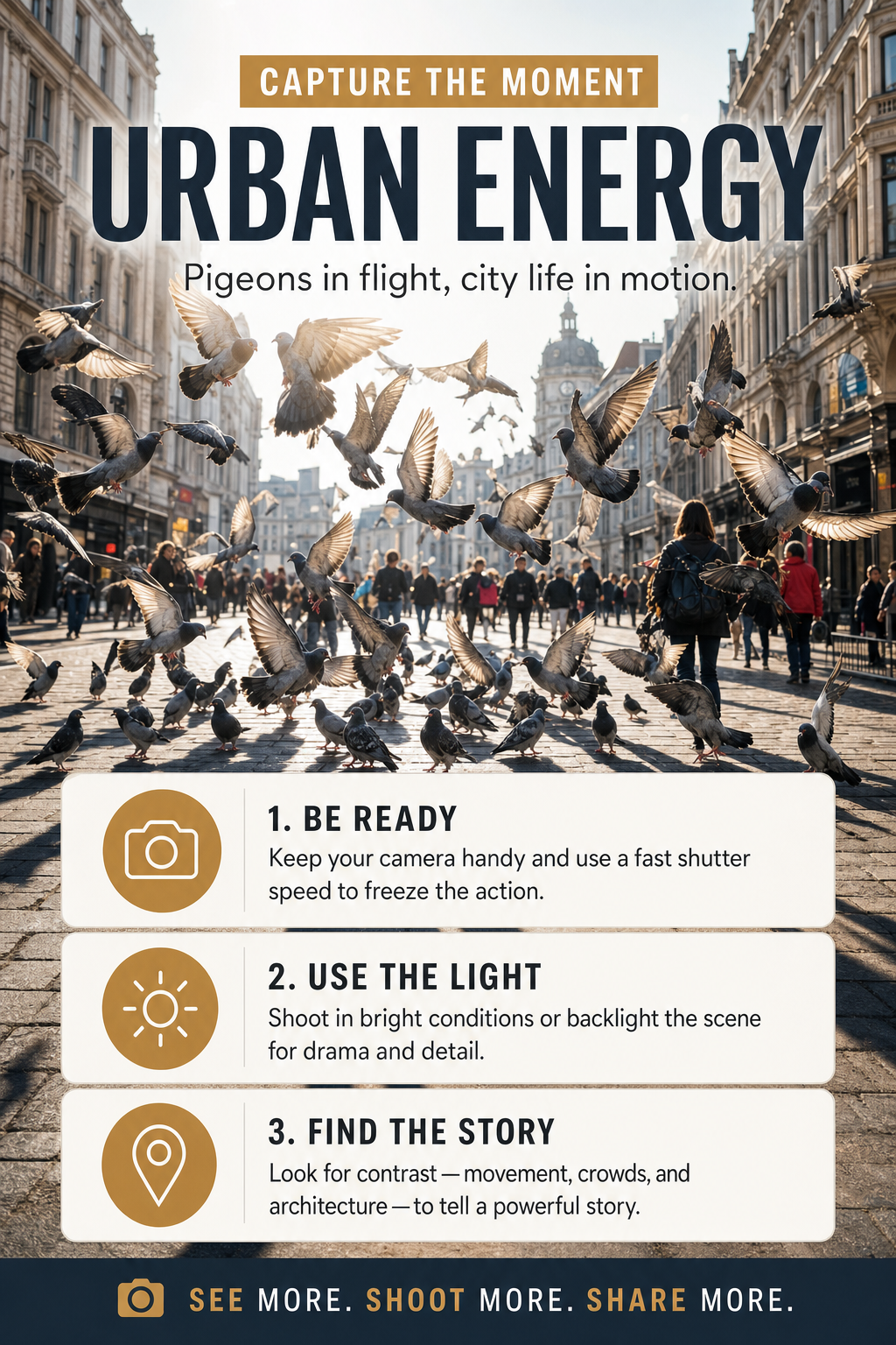 sunny crowded urban street pigeons exploding AI image prompt example