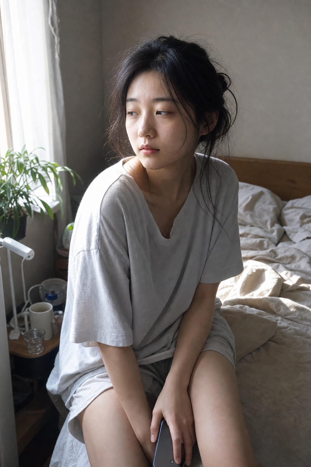 close-medium shot young japanese woman her AI image prompt example
