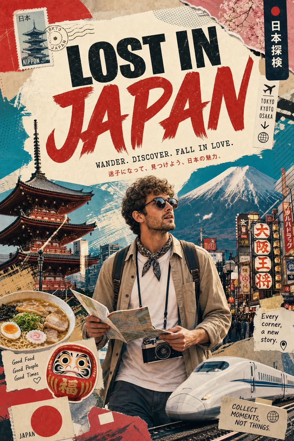 stylized travel poster graphic collage country AI image prompt example