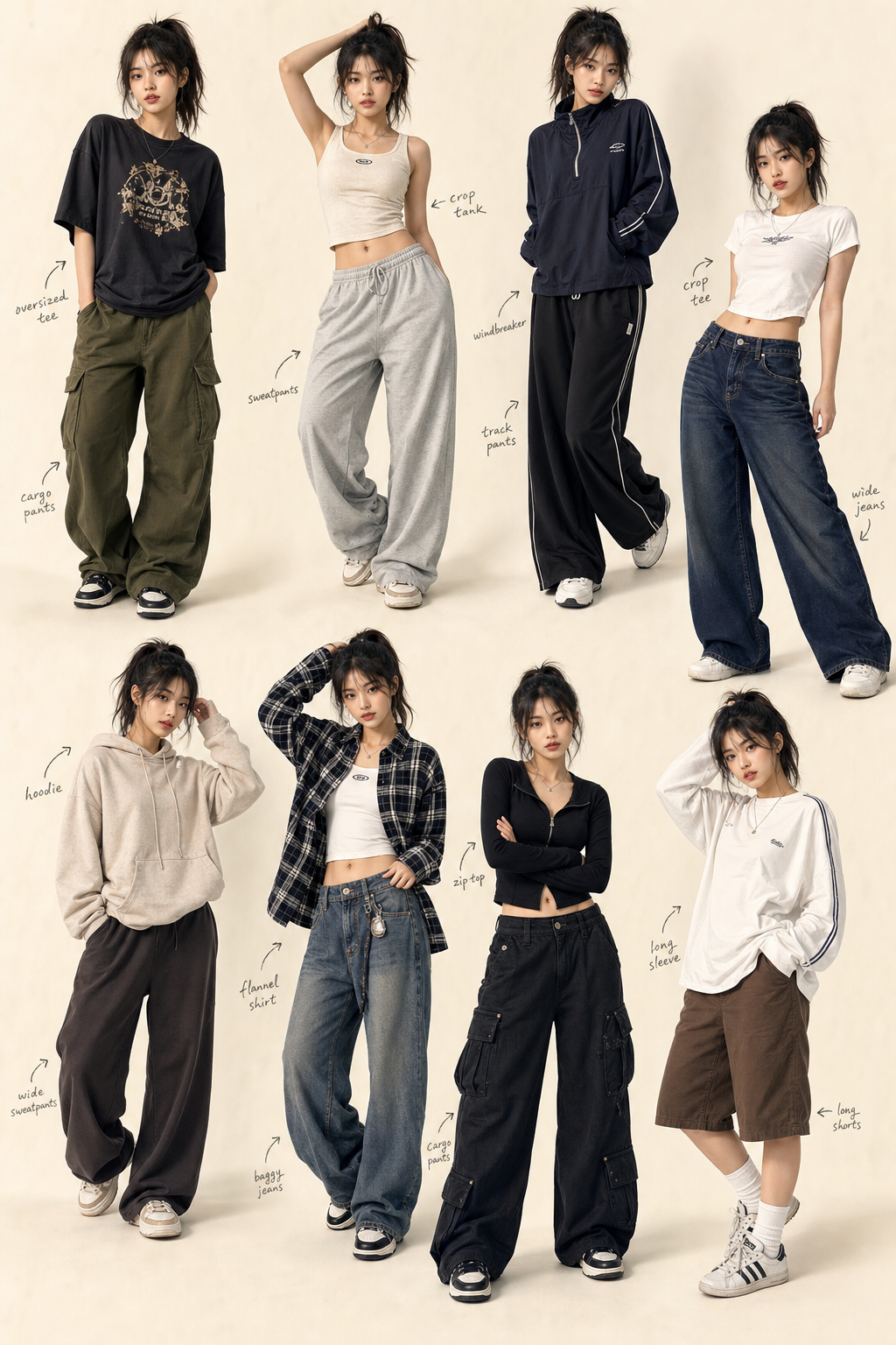 freeform fashion-editorial collage distinct full-body casual AI image prompt example