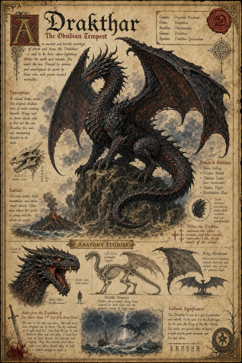 detailed vertical vintage fantasy encyclopedia dragon AI image prompt example