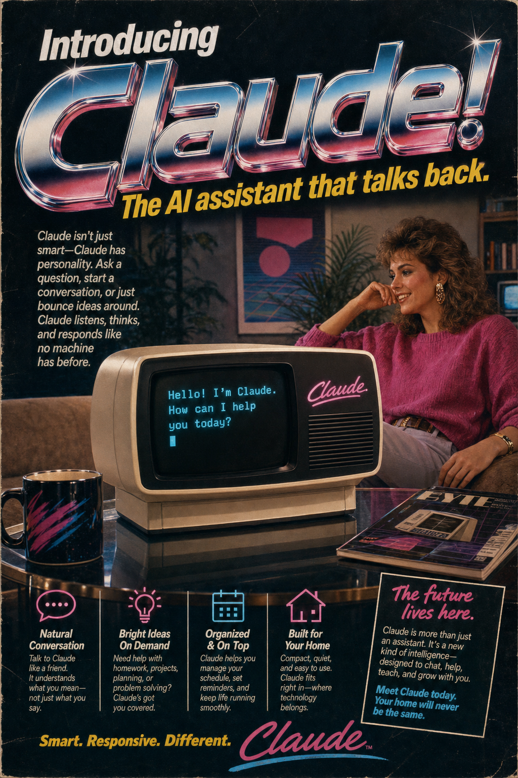 fictional 1980s magazine advertisement poster introducing AI image prompt example