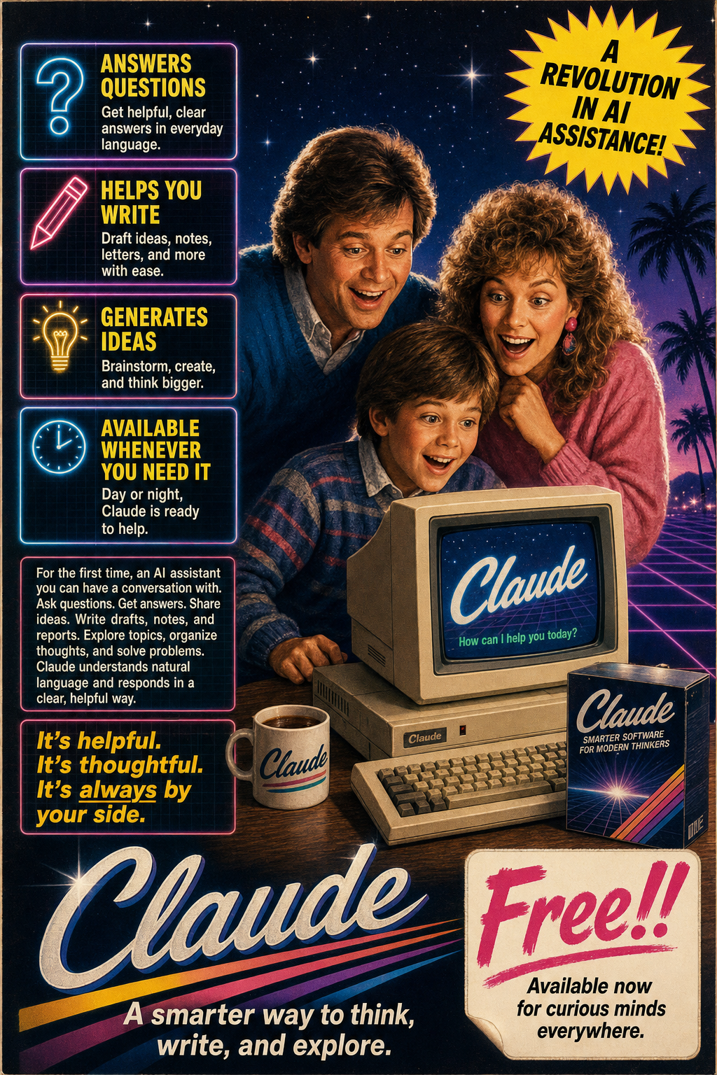 cheerful 1980s family three gathers around AI image prompt example