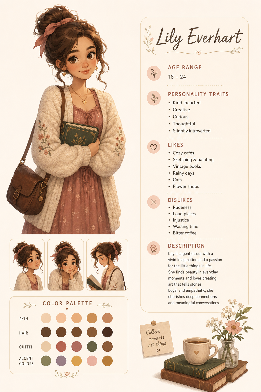 simple color palette section skin hair AI image prompt example