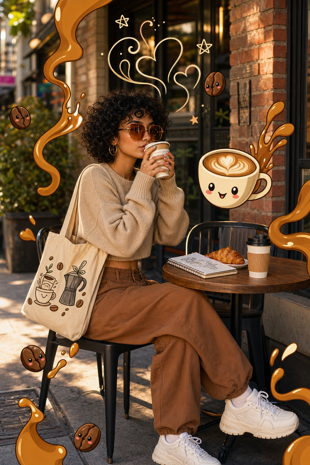 trendy young woman sitting outdoor caf AI image prompt example