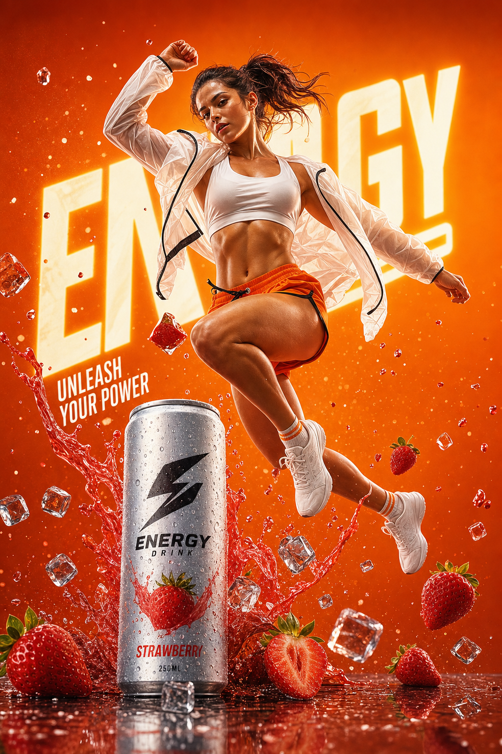 hyper-realistic commercial advertisement blending energy drink AI image prompt example