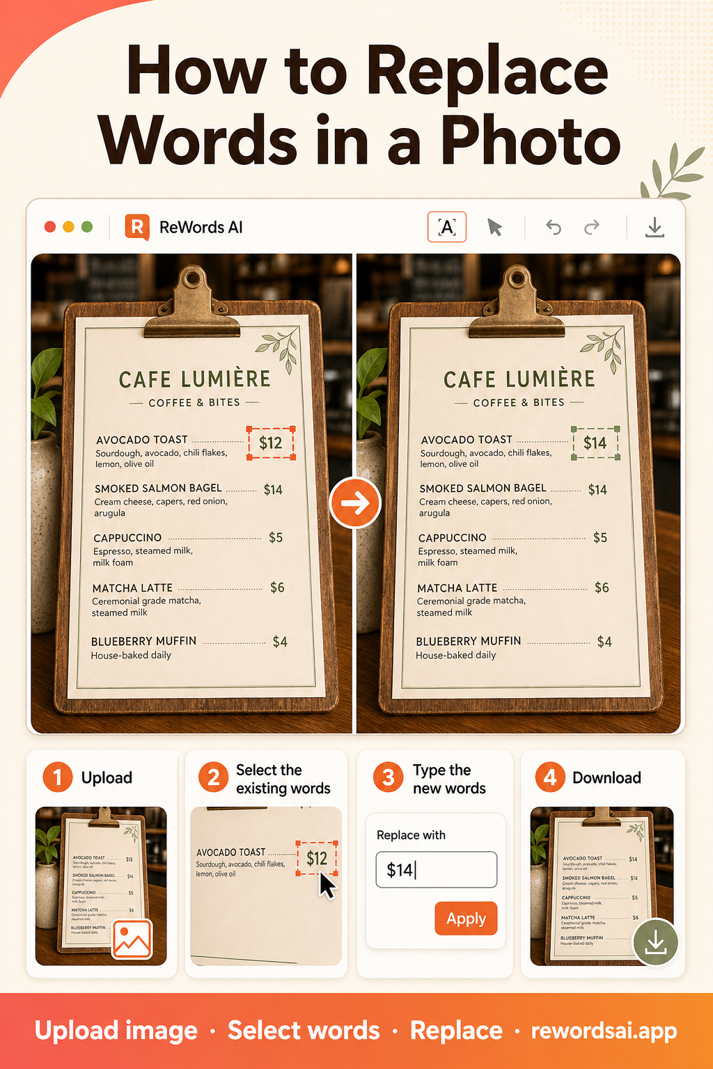 edit price cafe menu photo AI image prompt example